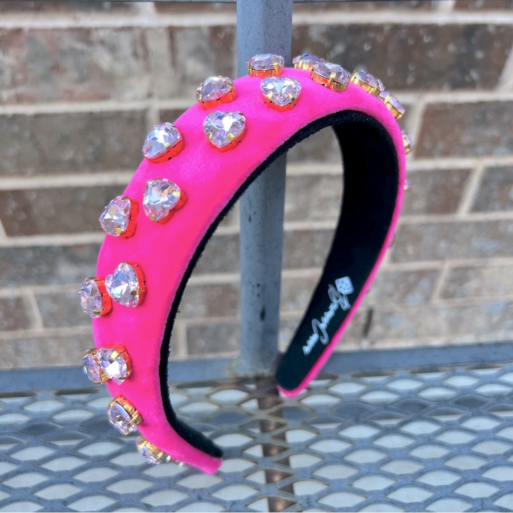 Brianna Cannon Thin Hot Pink Velvet Headband with Light Pink Heart Crystals